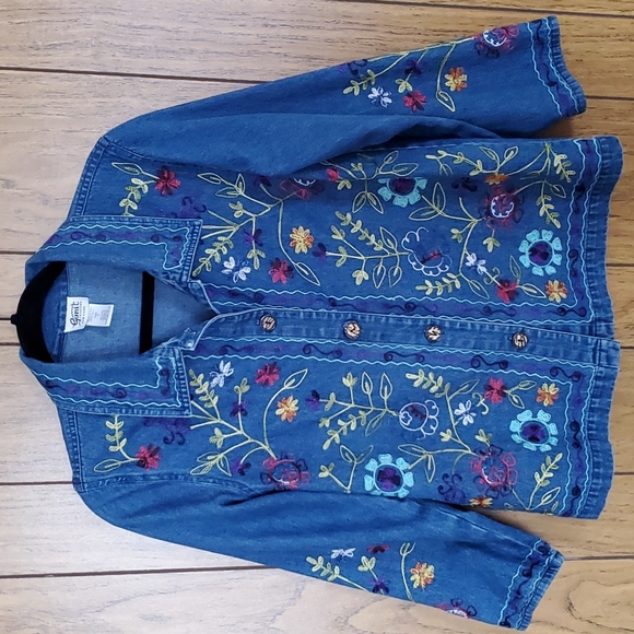 Vintage Gunit Fashions Denim Floral Embroidered Long-Sleeve Button Up Wm… - Picture 1 of 13